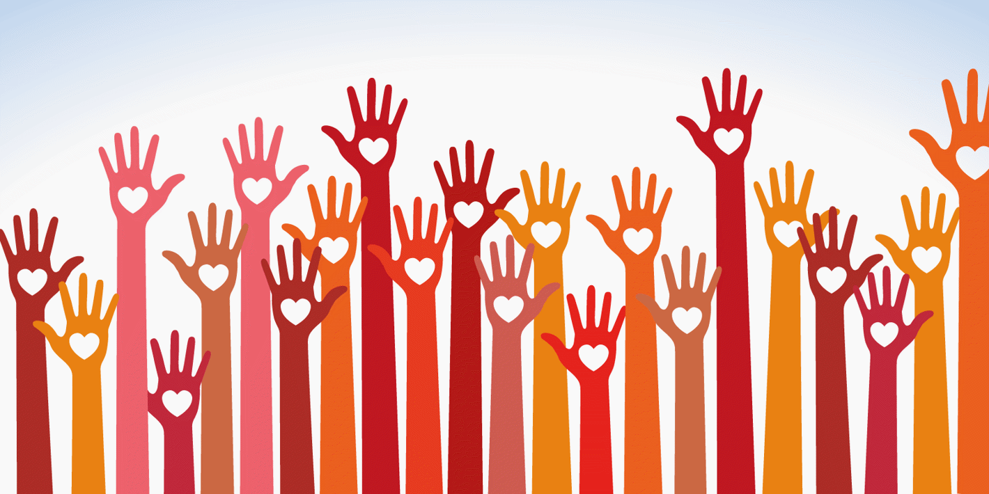 Silhuetter af hænder i varme farver med hvide hjerter i midten af hver hånd